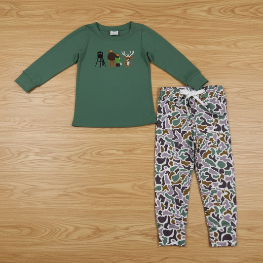 hunting embroidery shirt camo jogger set boys outfit