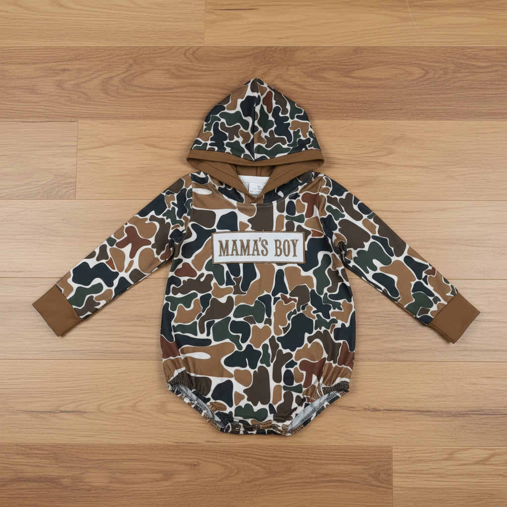 mama's boy embroidery camo hooded romper