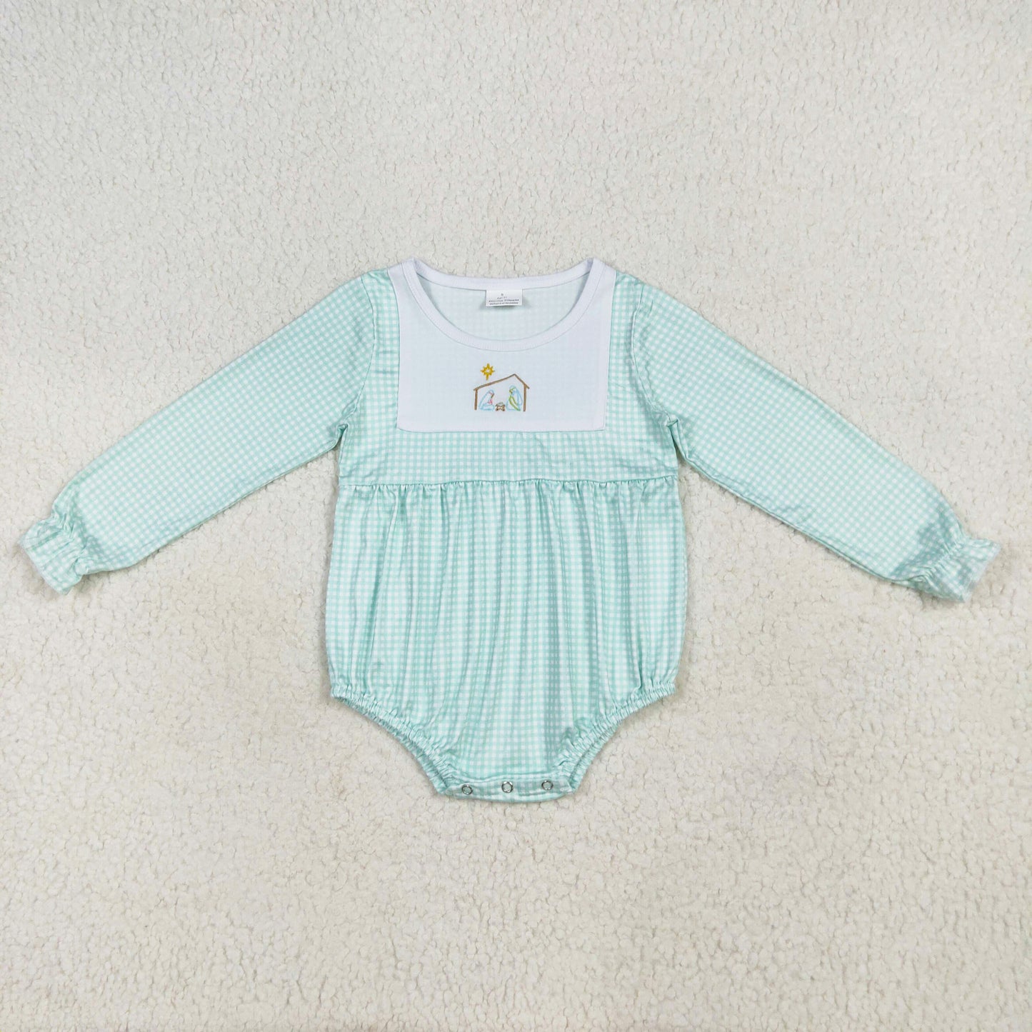 long sleeve gingham nativity girls romper