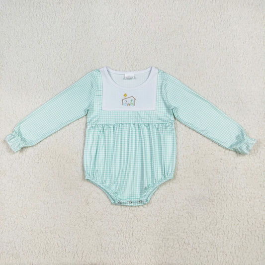 long sleeve gingham nativity girls romper