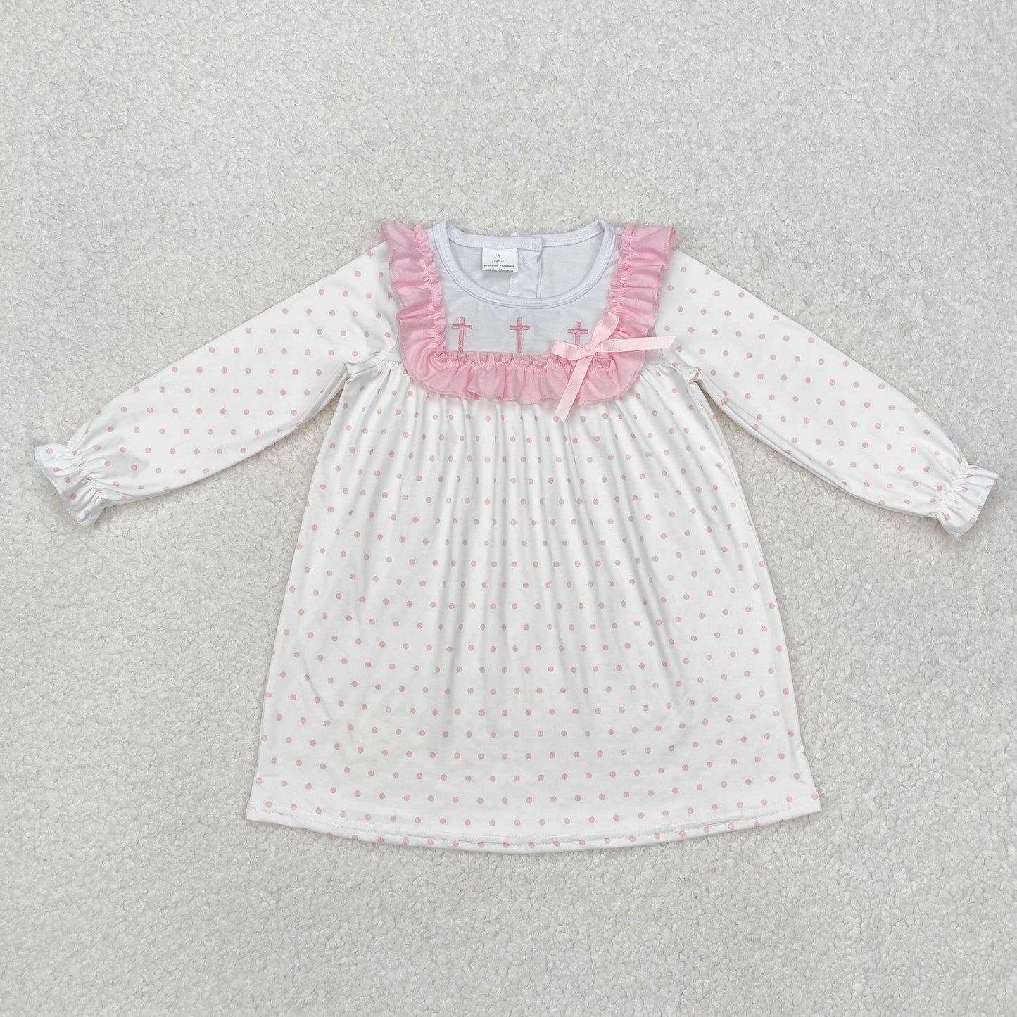 polk dots pink cross embroidered girl easter dress