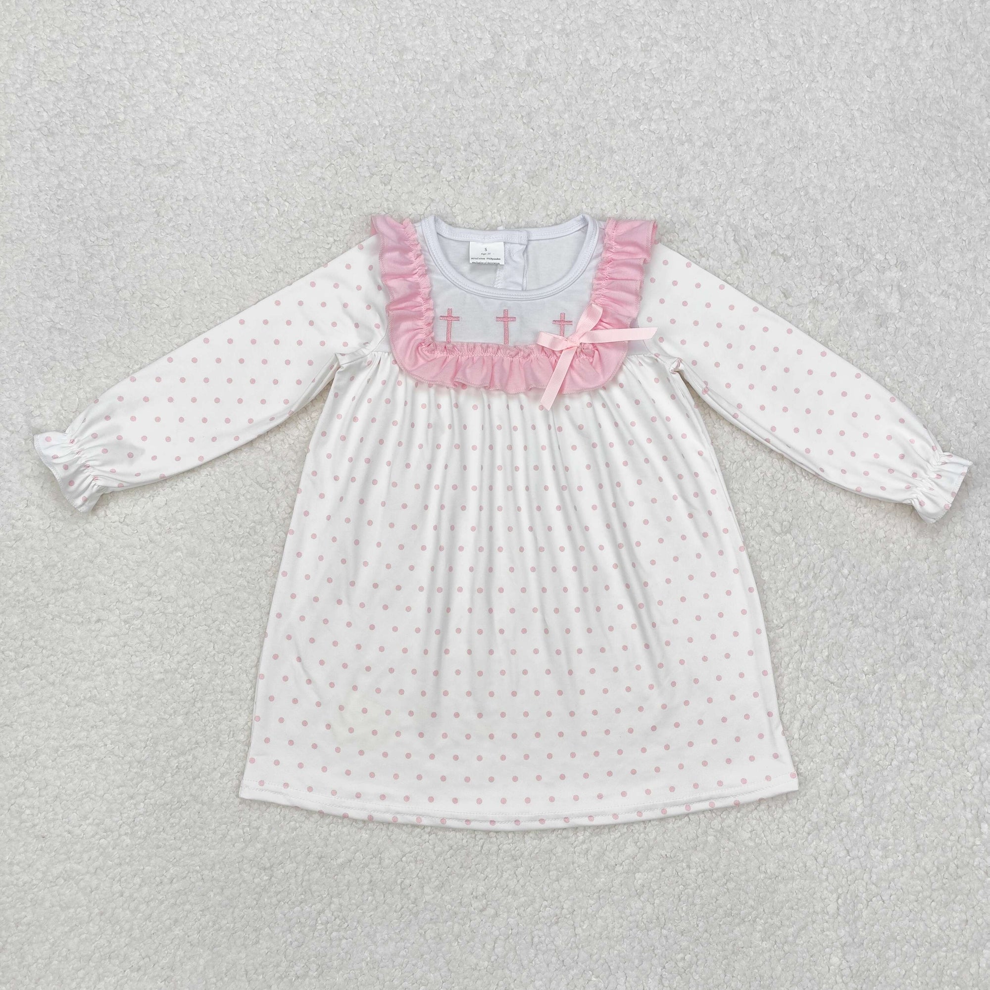 polk dots pink cross embroidered girl easter dress