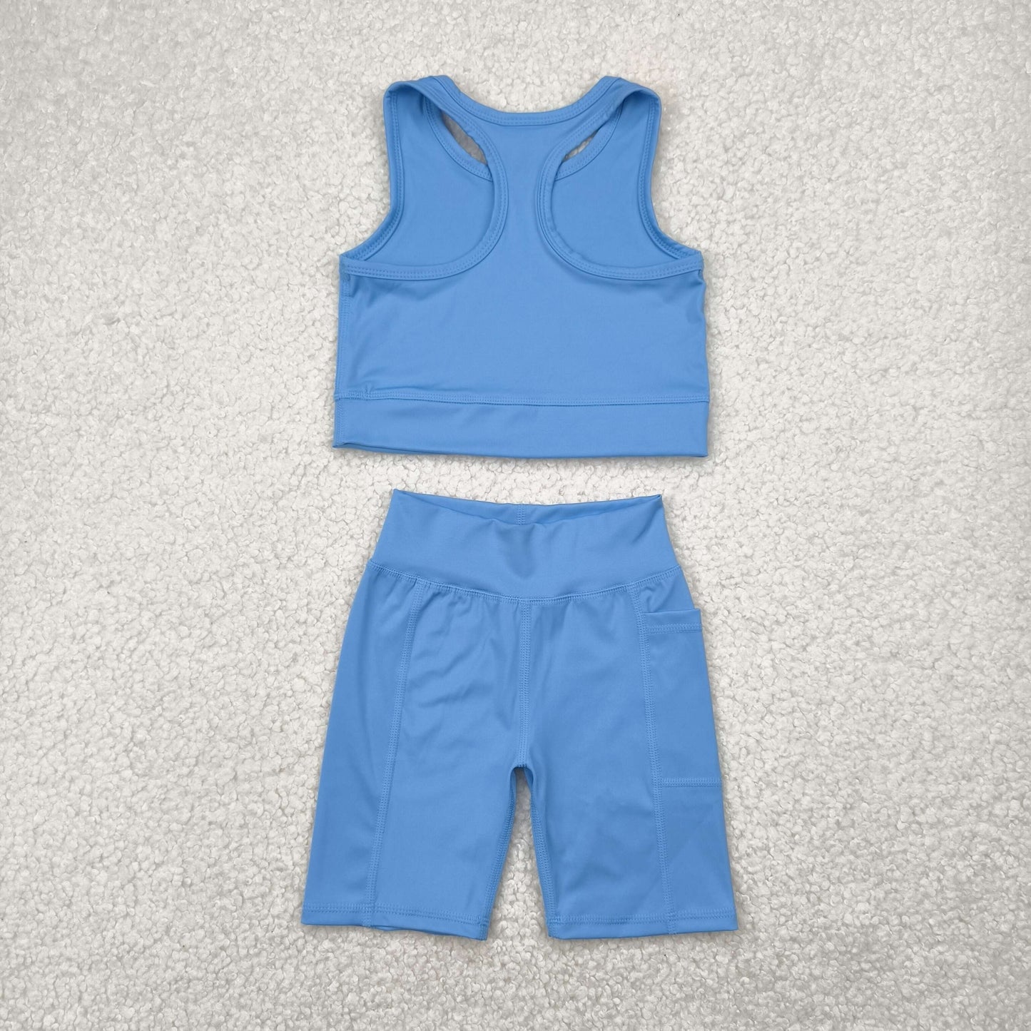 kids girl yoga suit solid blue athletic tank shorts set