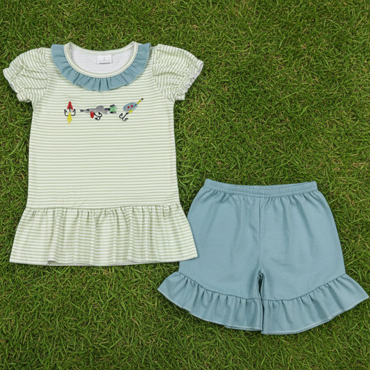 stripes fishing hook embroidery girl shorts set