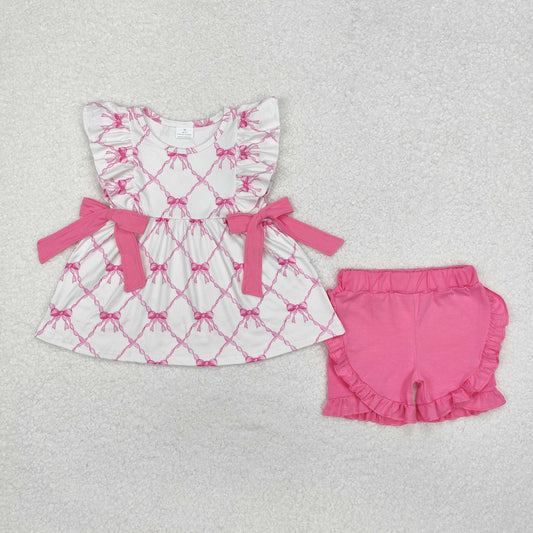 pink bows ruffle shorts set summer girls outfit