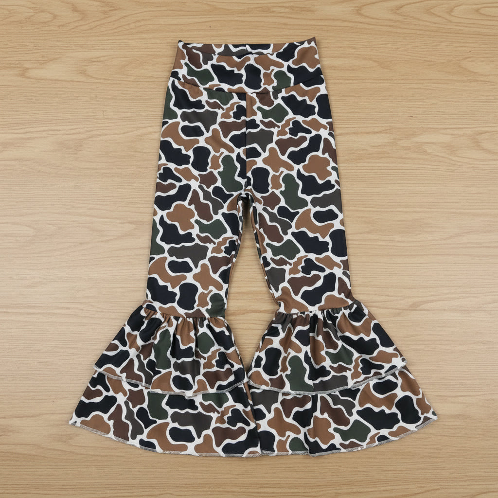 ruffle athletic camo bell bottom pants