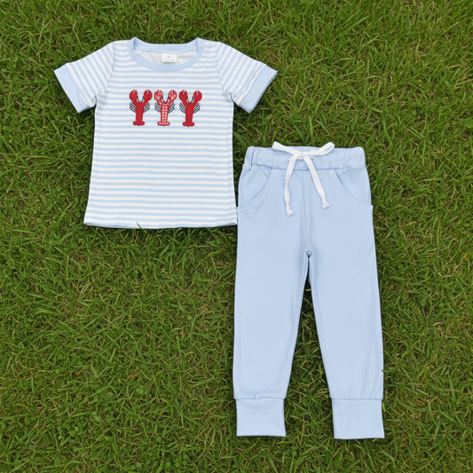 blue stripes crawfish embroidery jogger set boys clothes set