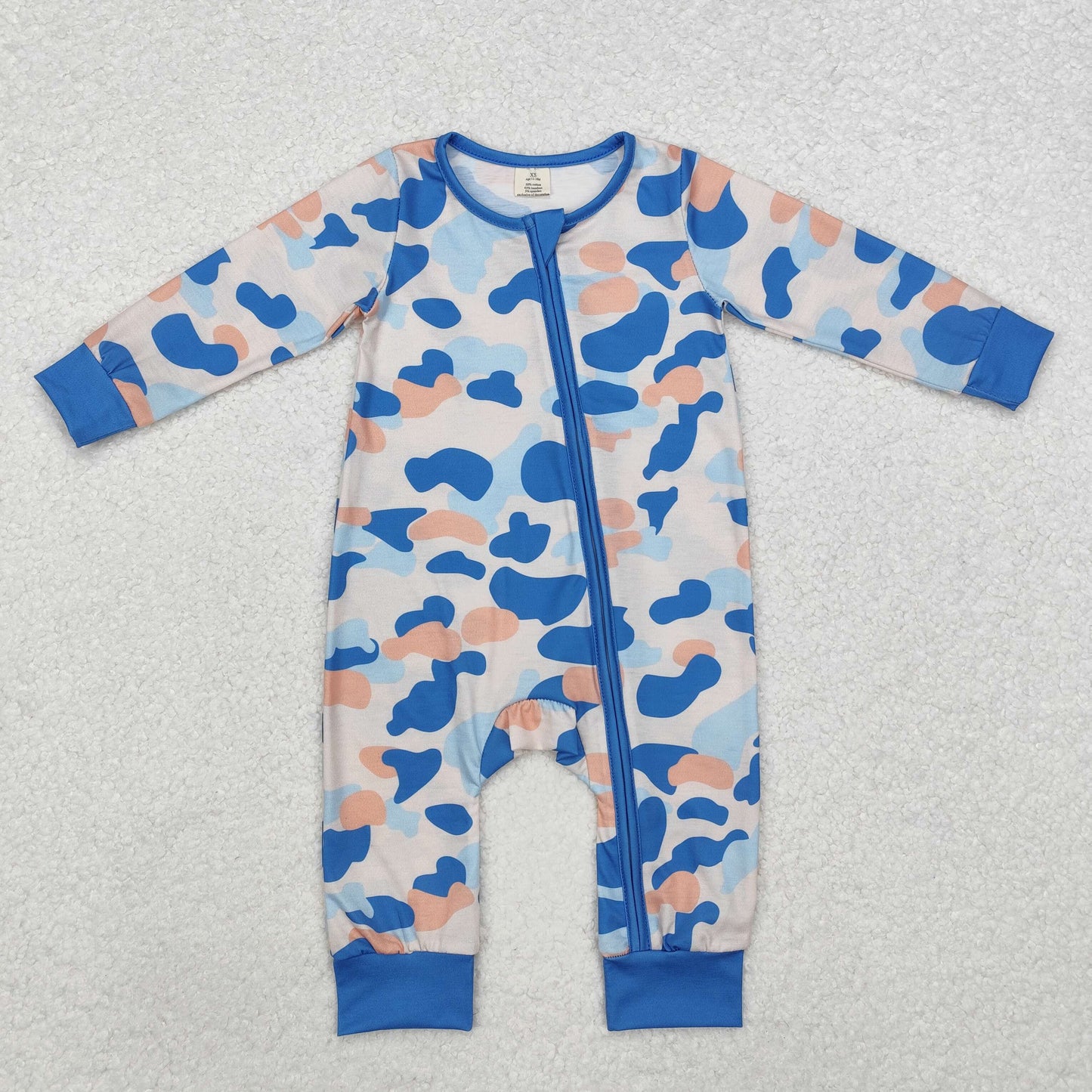 baby boy blue camo zip bamboo sleeper