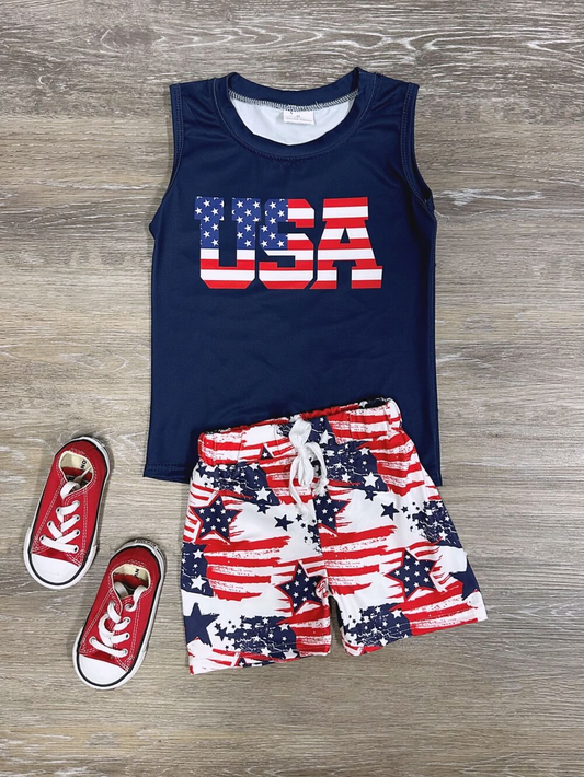 USA Vibes Boys 4th of July Tank Top & Flag Shorts Set