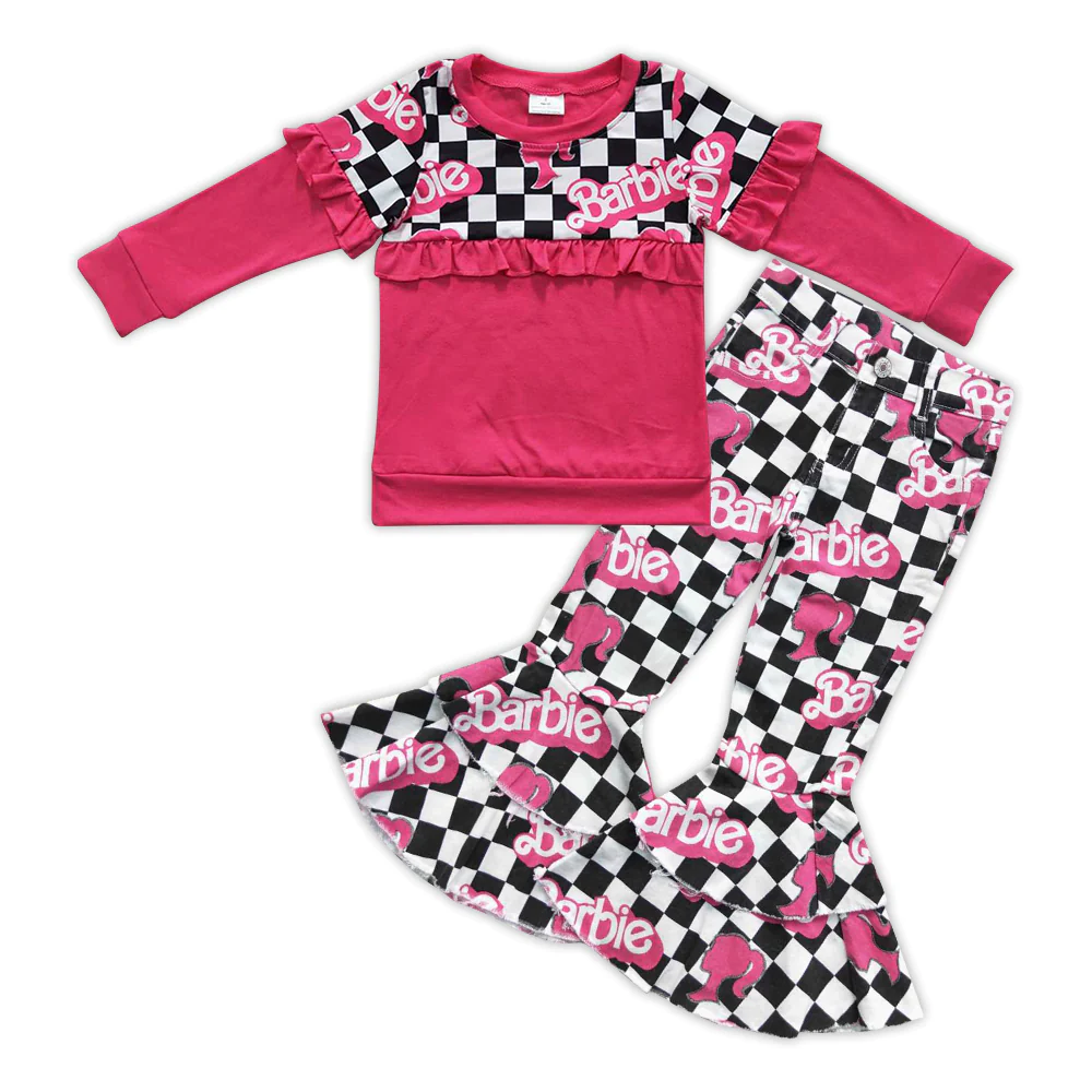 barbie words checkered top denim pants set