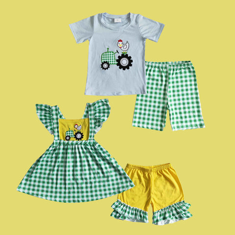 Chicken On Tractor Embroidery Shorts Set Sibling Clothes