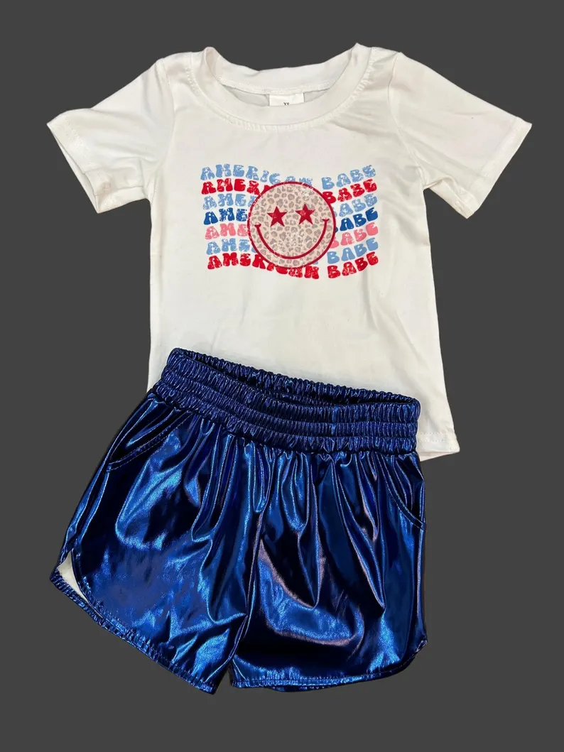 american babe tee blue leather shorts set