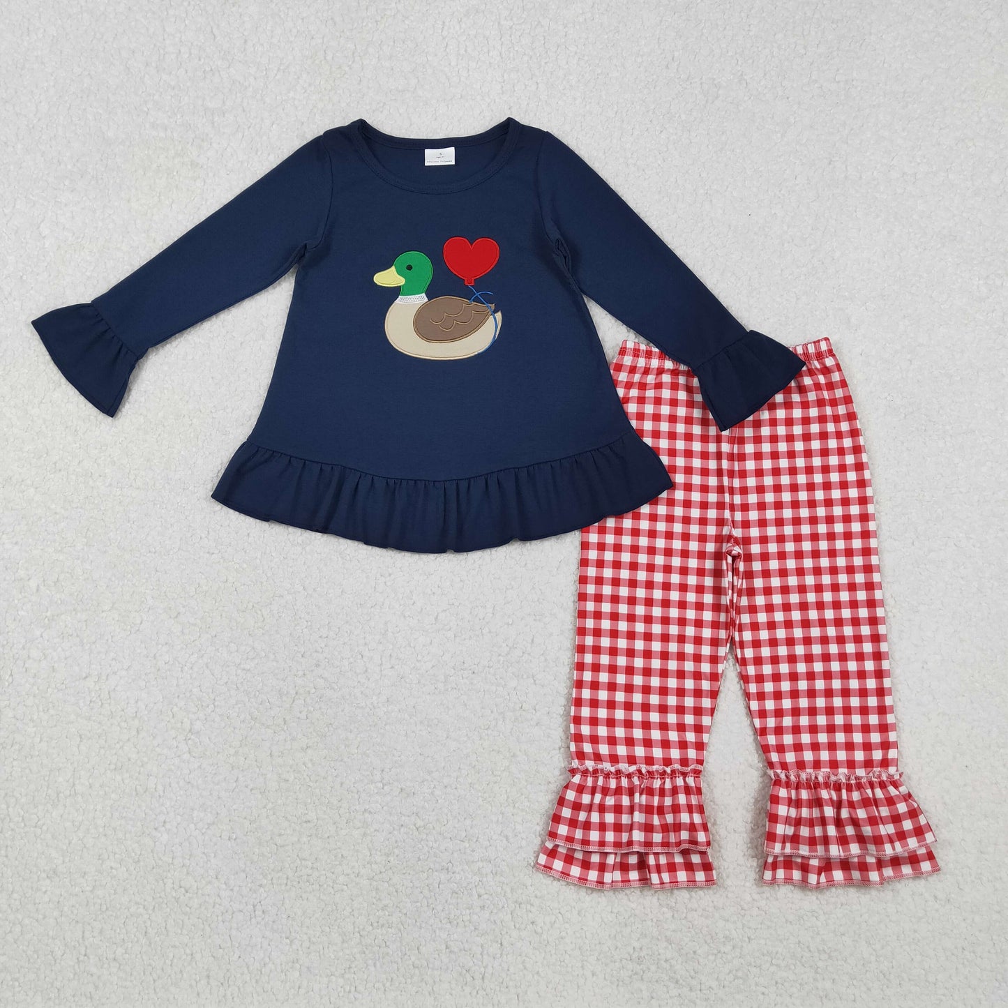 duck heart embroidery plaid pants set valentine's day girls outfit