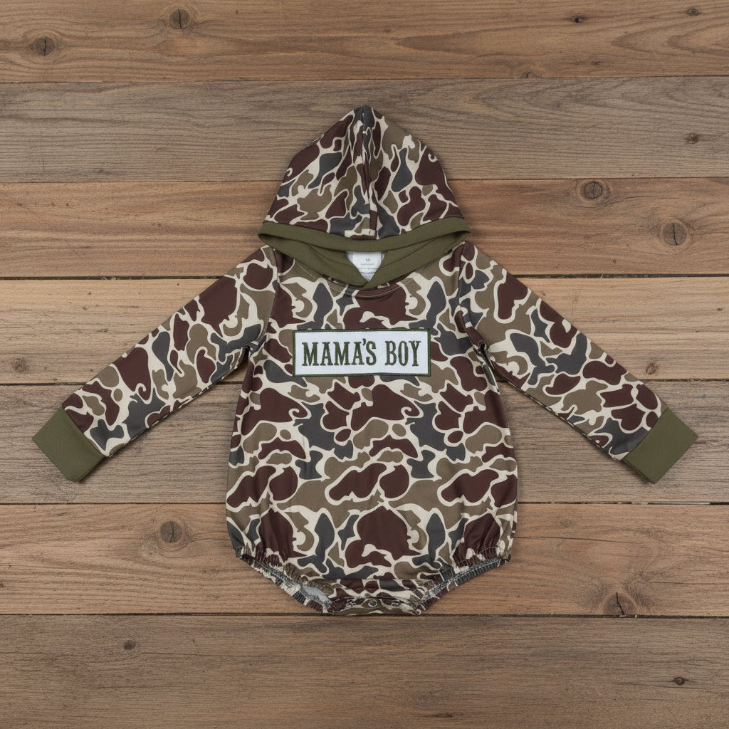 mama's boy embroidery camo hooded romper