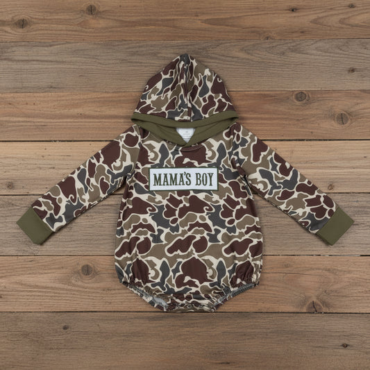 mama's boy embroidery camo hooded romper