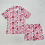 summer adult sleepwear pink bows print woman shorts pajamas set