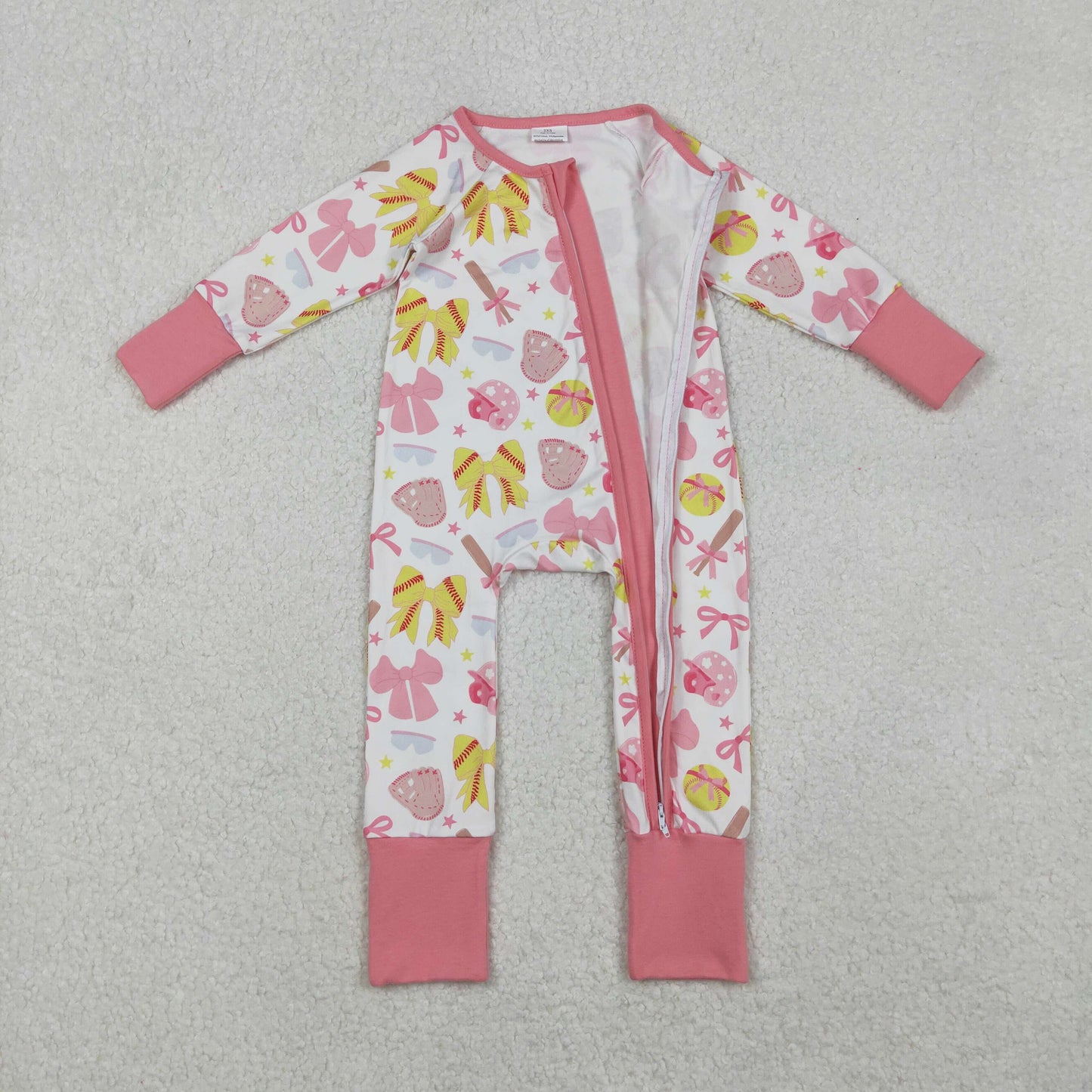 pink bow baseball infant girl zipper sleeper