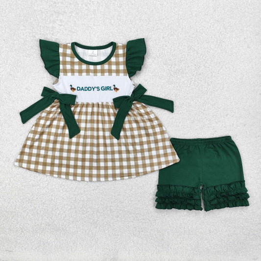 girl plaid daddy's girl duck embroidery shorts set green