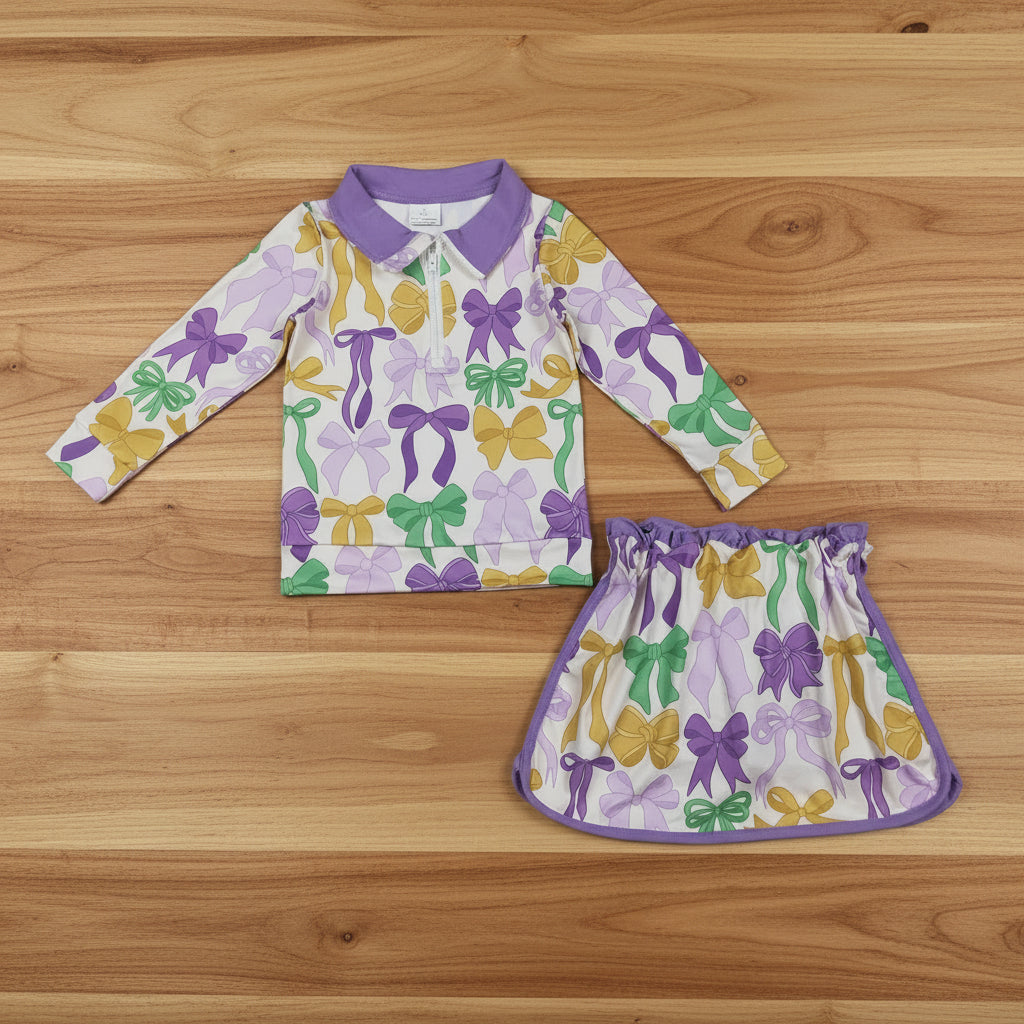 mardi gras coquette long sleeve zip pullover skort set outfit