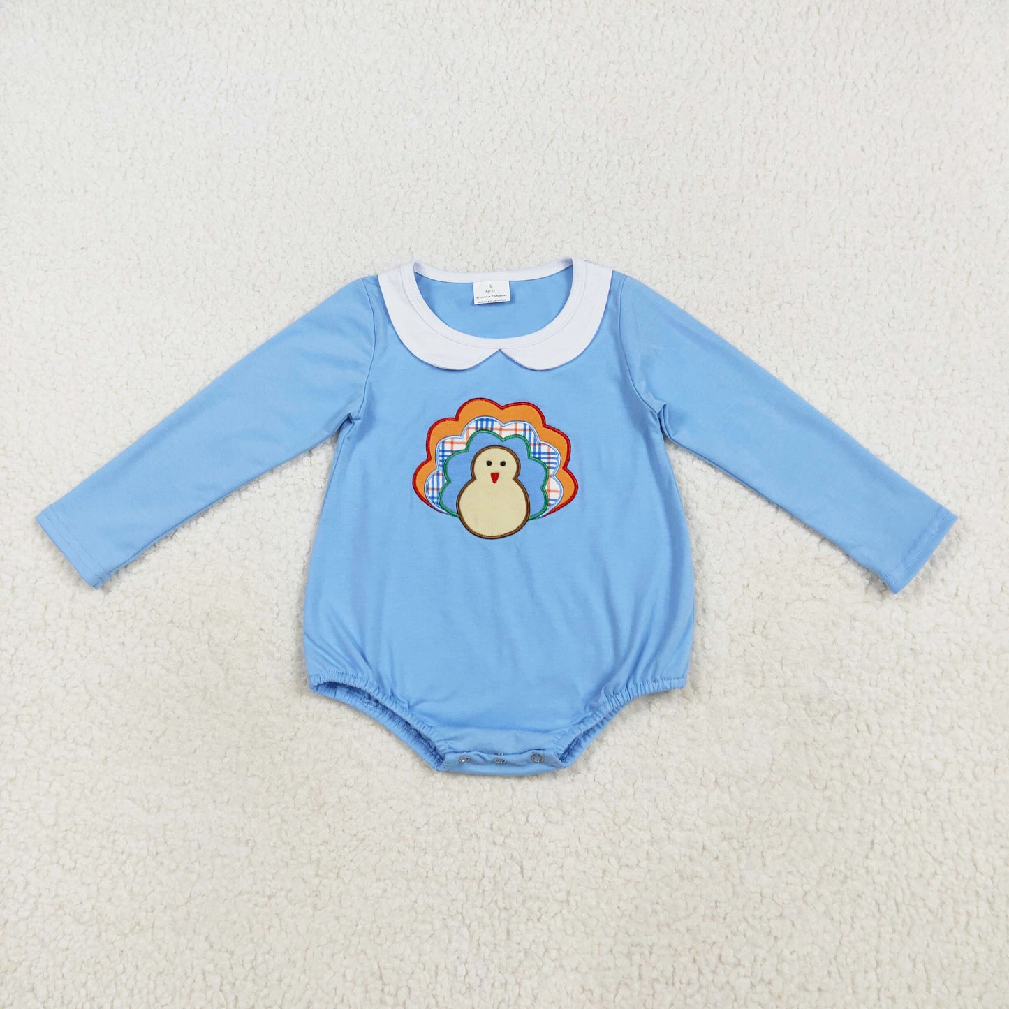 Thanksgiving day cotton blue turkey embroidery baby girl bubble