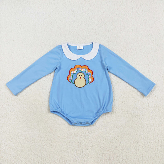 Thanksgiving day cotton blue turkey embroidery baby girl bubble
