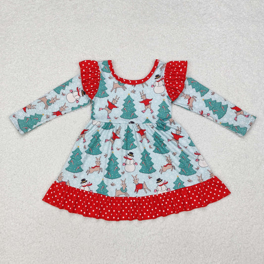 reindeer snowman tree print ruffle dress girl Christmas dresses