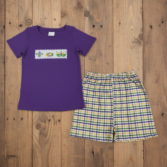 mardi gras plaid embroidery boy shorts set