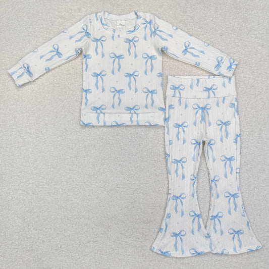 Blue Bows Print Bell Pants Girls Cable Knit Fabric Clothes Set