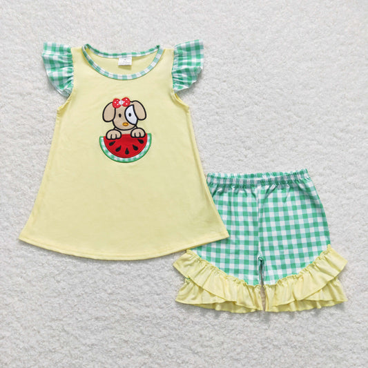 yellow dog watermelon embroidery girl shorts set
