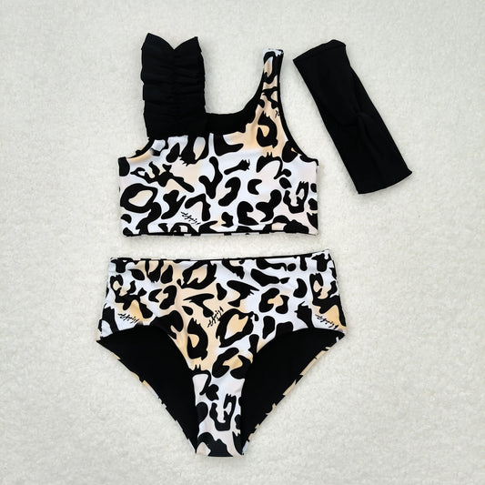 leopard two piece swimsuit girls swimwear (with headband)