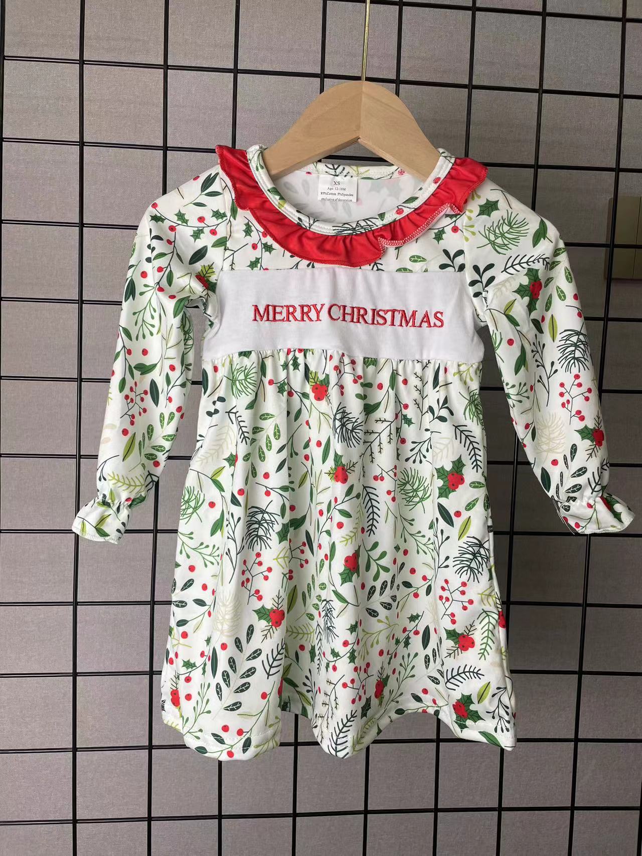 Embroidery Merry Christmas tree long sleeve dress