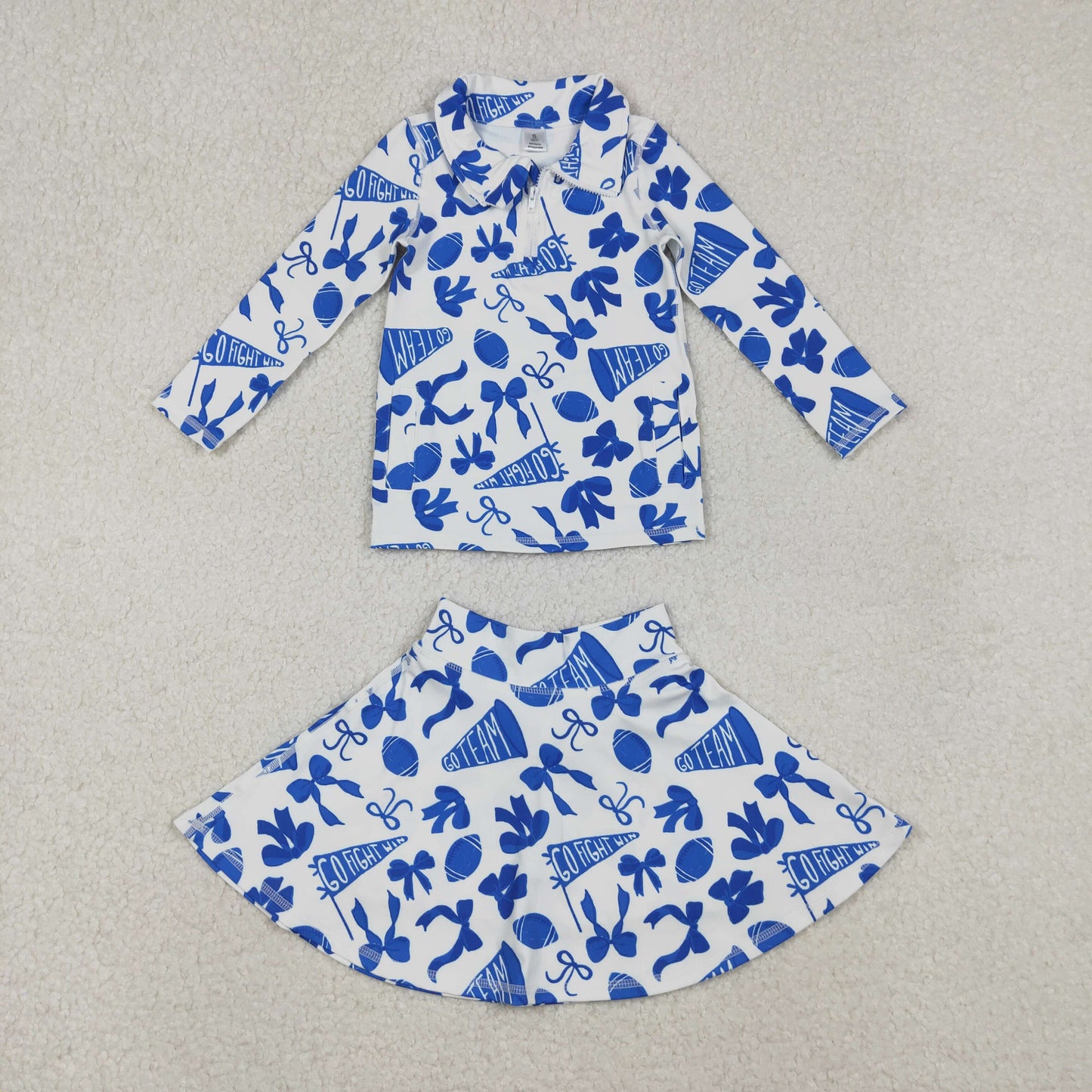 go team fight win football blue bows two piece zipper athletic skirts outfit