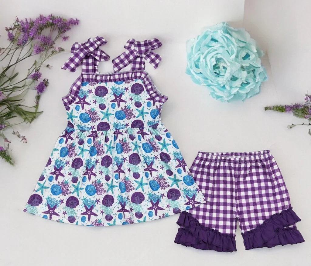 kids summer clothes starfish shell shorts set purple