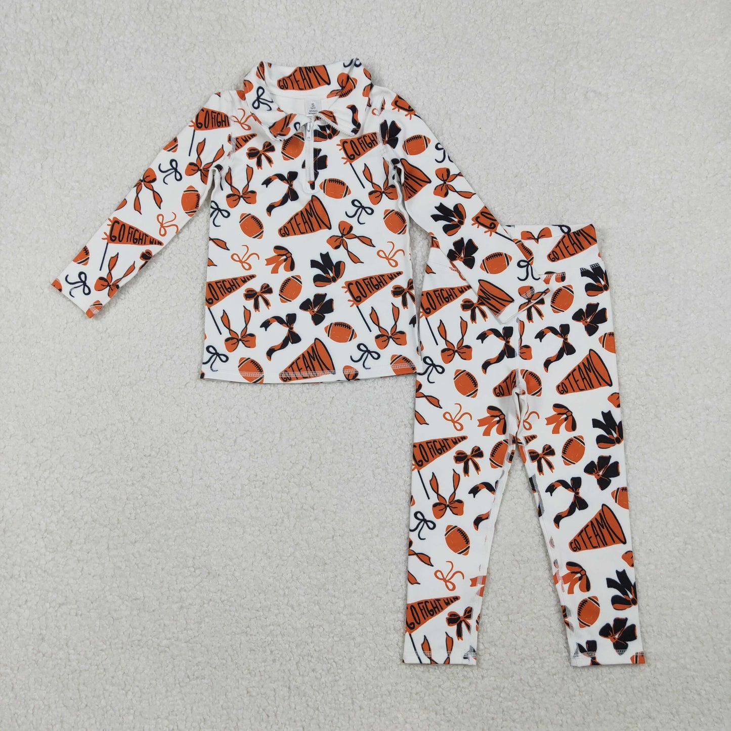 go team fight win football orange bows zipper two piece activewear