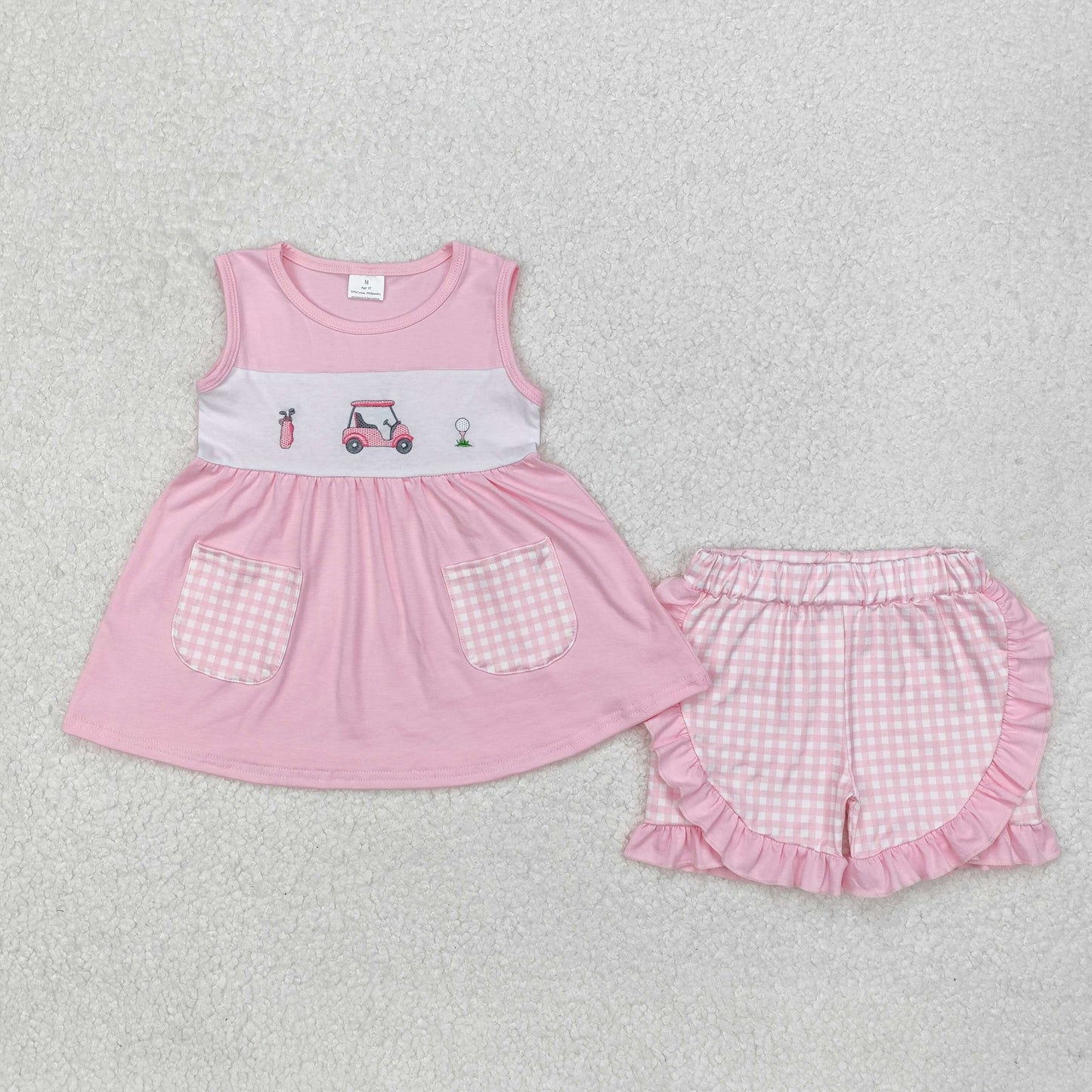 pink sleeveless golf embroidery shorts set girl