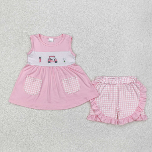 pink sleeveless golf embroidery shorts set girl