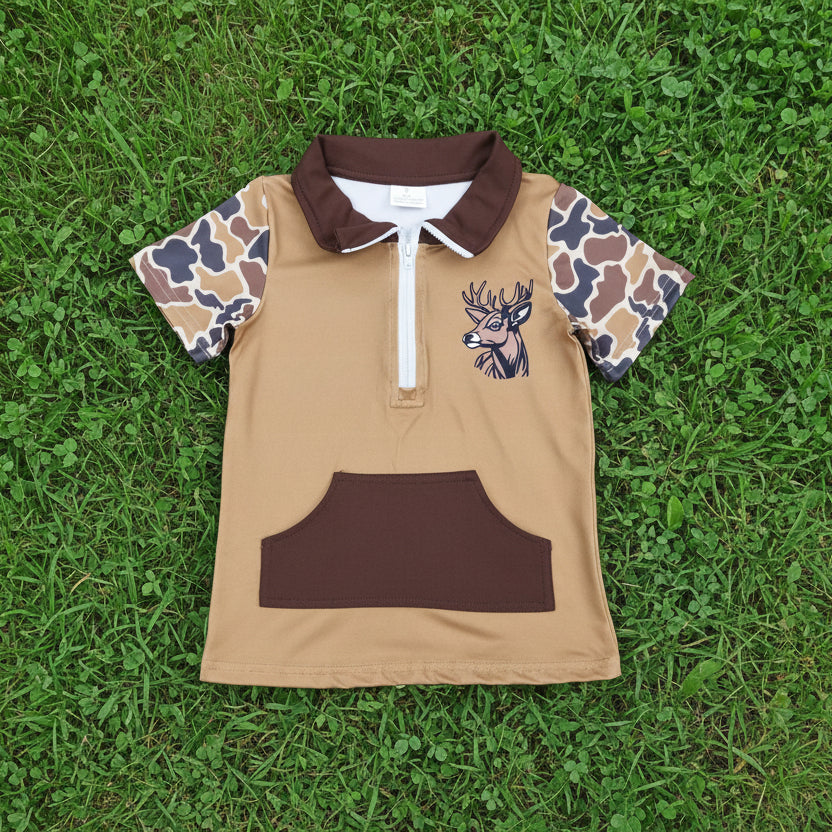 brown deer print camo zipper pullover
