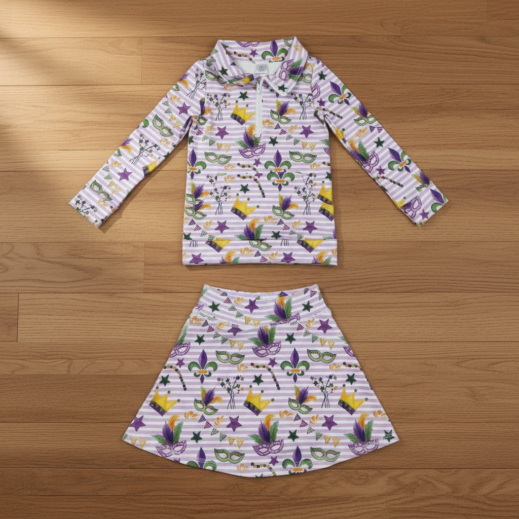 mardi gras party two piece zipper athletic skirts outfit