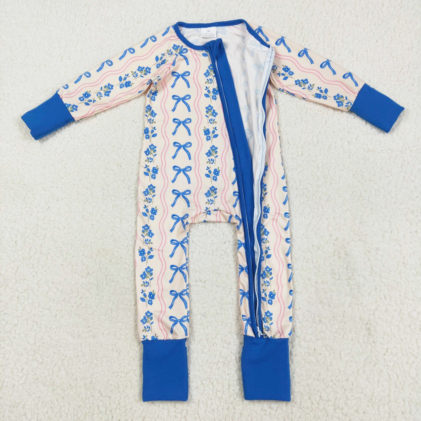long sleeve blue bow floral zip sleeper