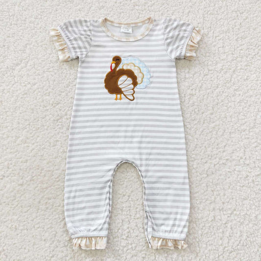 Thanksgiving day turkey embroidery gray baby girl romper