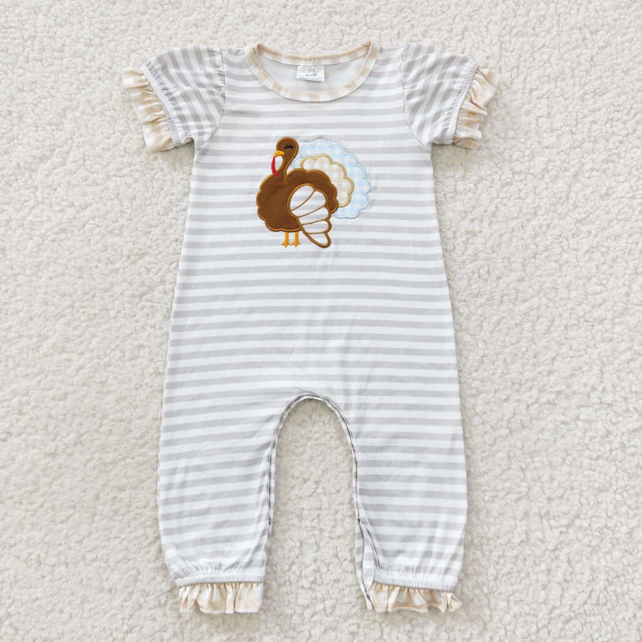 Thanksgiving day turkey embroidery gray baby girl romper