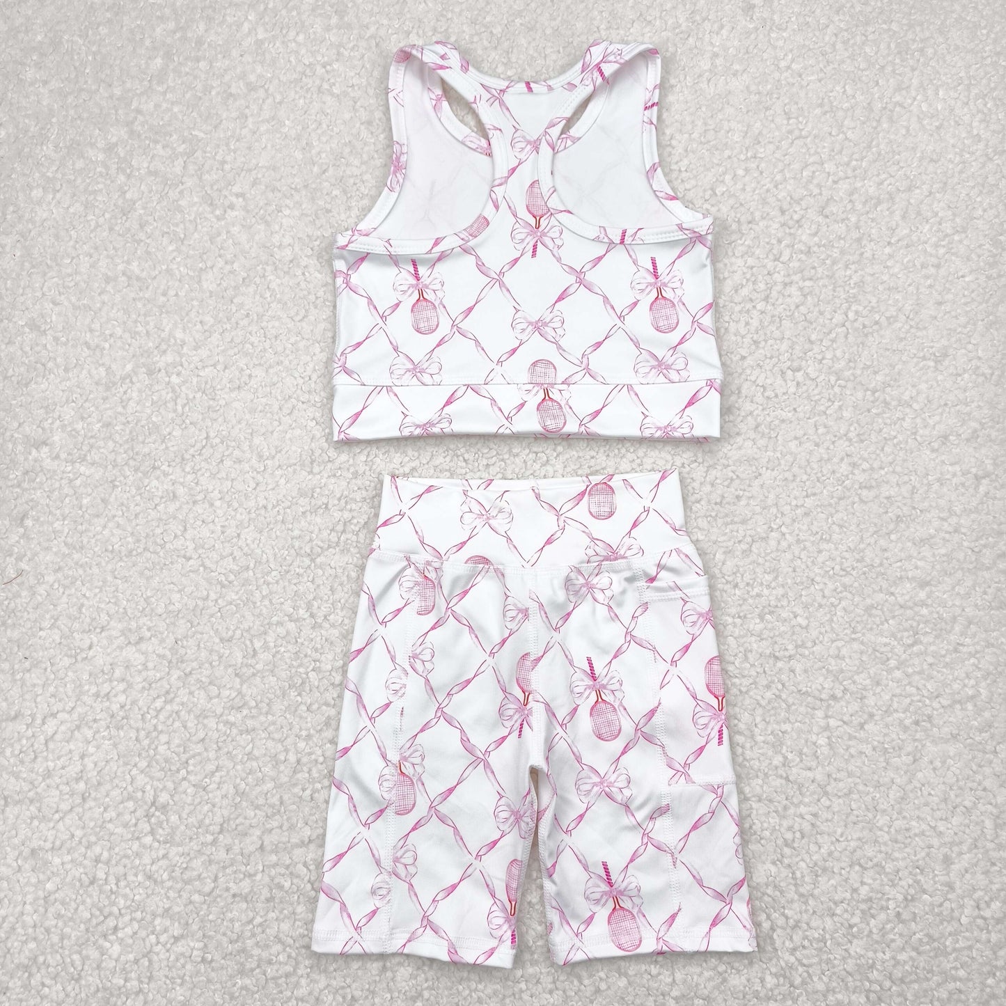 kids girl yoga suit pink bow tennis athletic tank shorts set