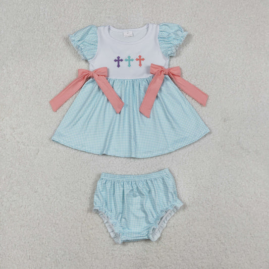 blue gingham embroidery jesus cross bummie set