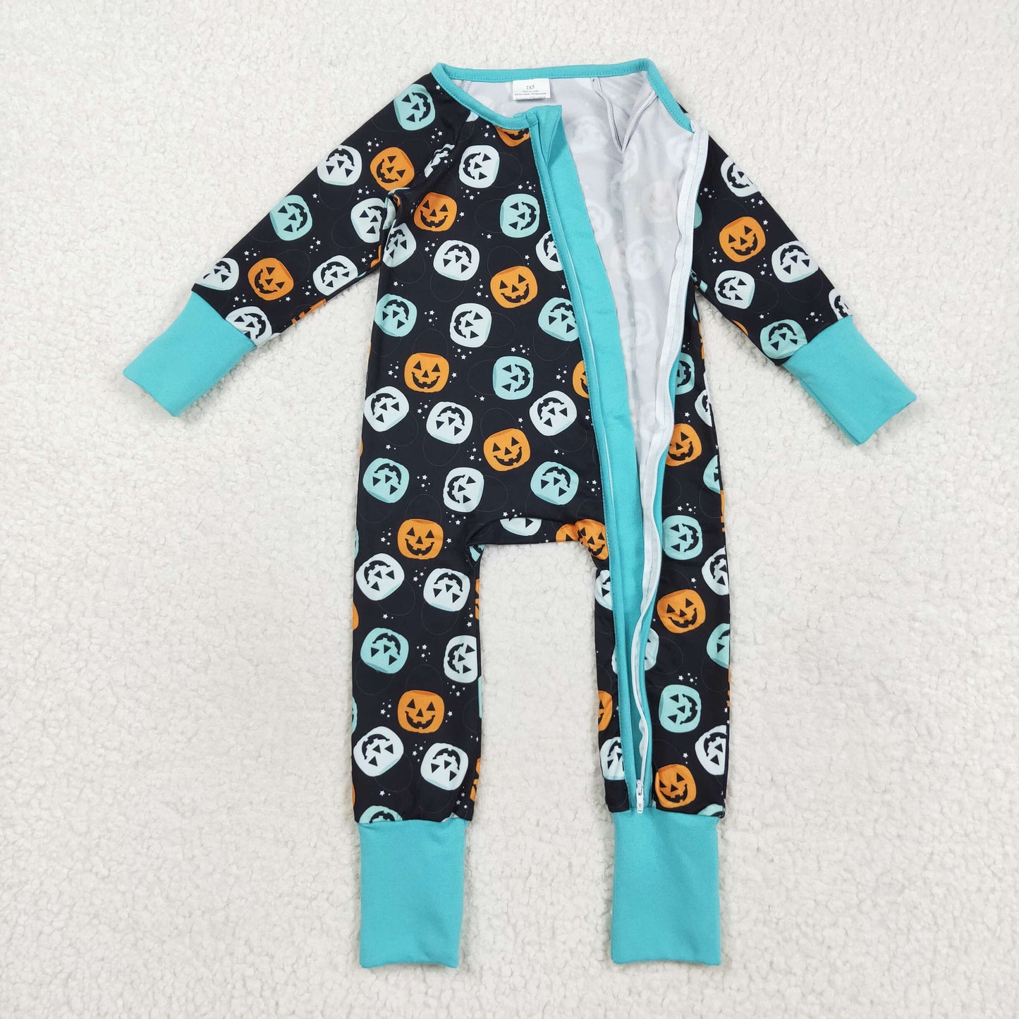 black mint long sleeve Halloween pumpkin zip sleeper