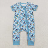 blue cartoon dog short sleeve blu*y print zip sleeper