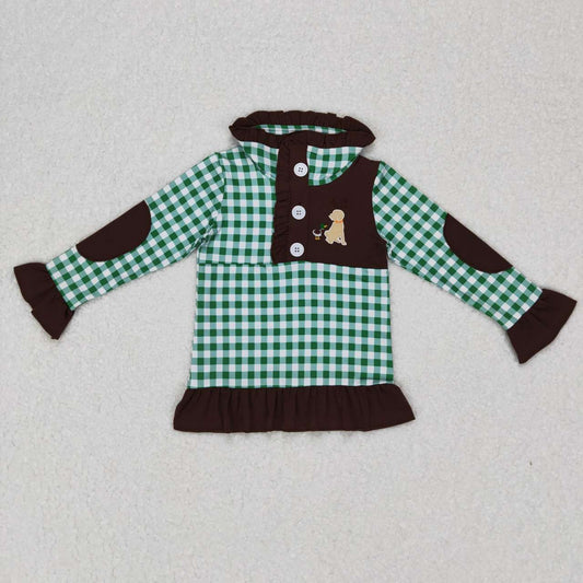 little girl green plaid button up pullover with duck dog embroidery