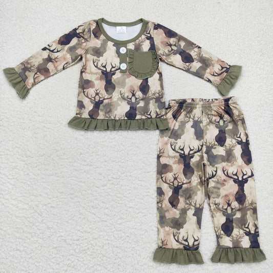 todler girl ruffle pajama with pocket camo deer print