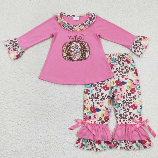 pink leopard pumpkin embroidery ruffle pants set girls fall clothing