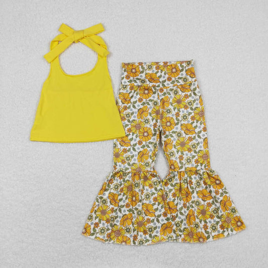 halter top flower bell bottom pants set yellow girl spring clothing