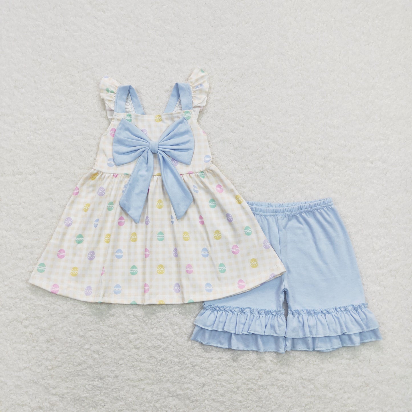 girl easter egg cross blue ruffle shorts set